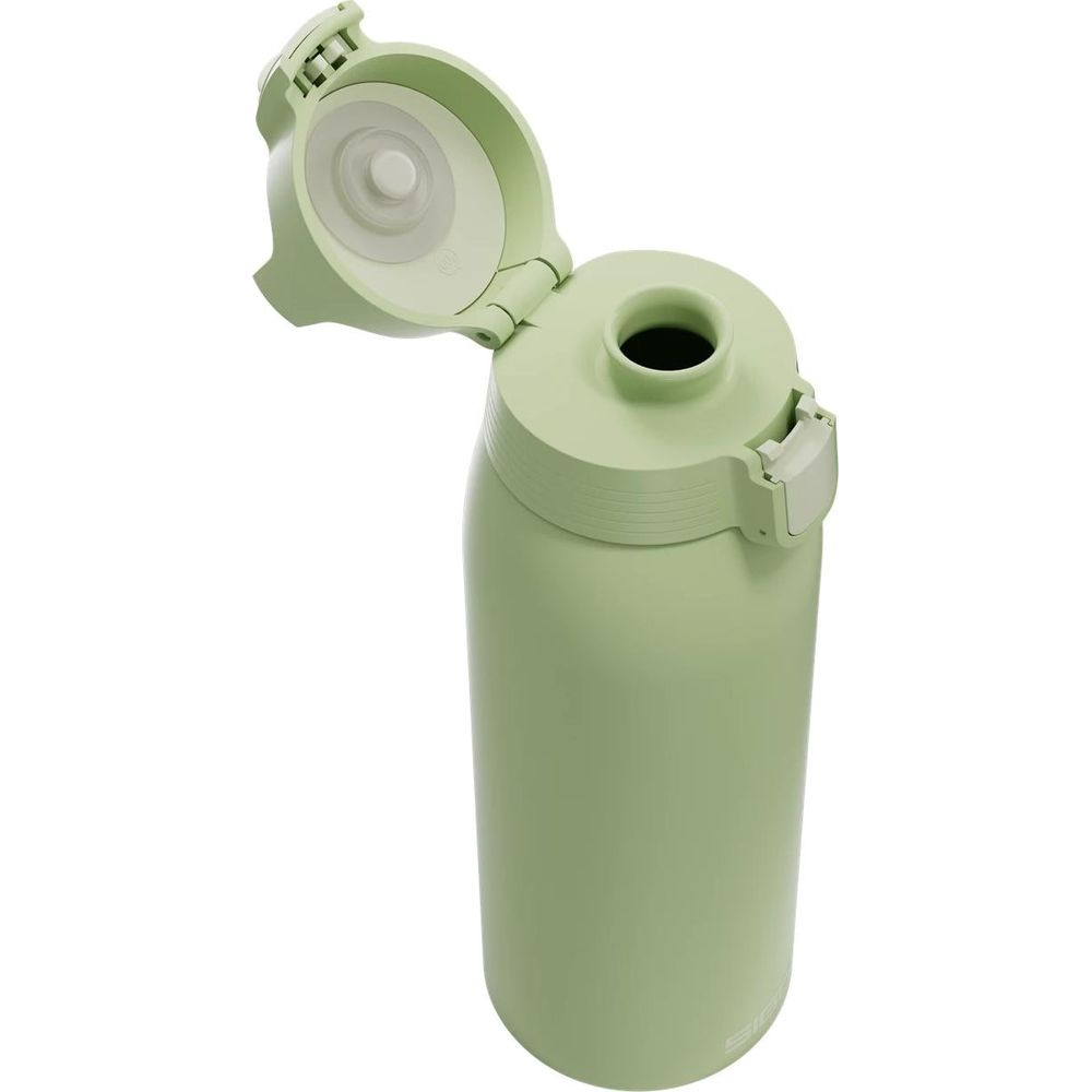 Eine hellgrüne Wasserflasche mit geöffnetem Deckel, die den Ausguss und die innere Dichtung zeigt.