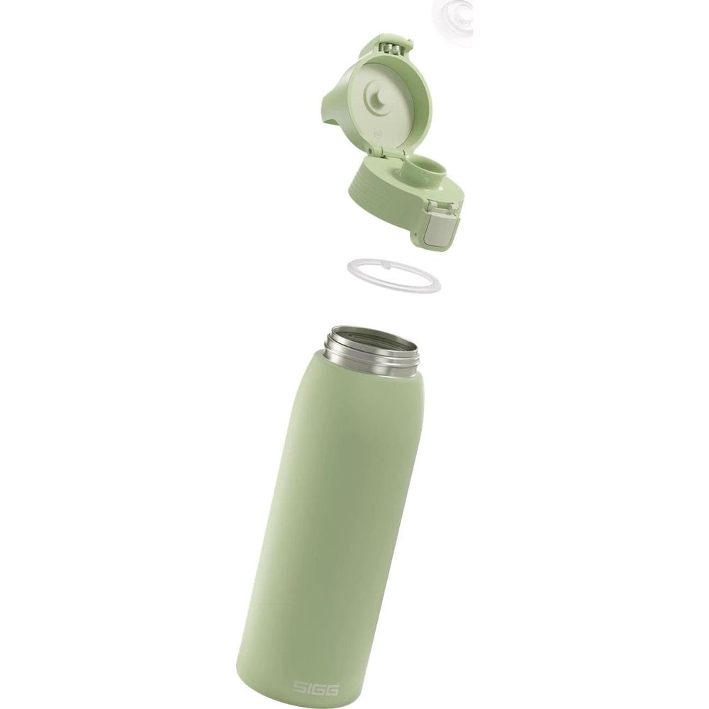 Eine hellgrüne SIGG-Wasserflasche mit offenem Deckel und Dichtungsring.