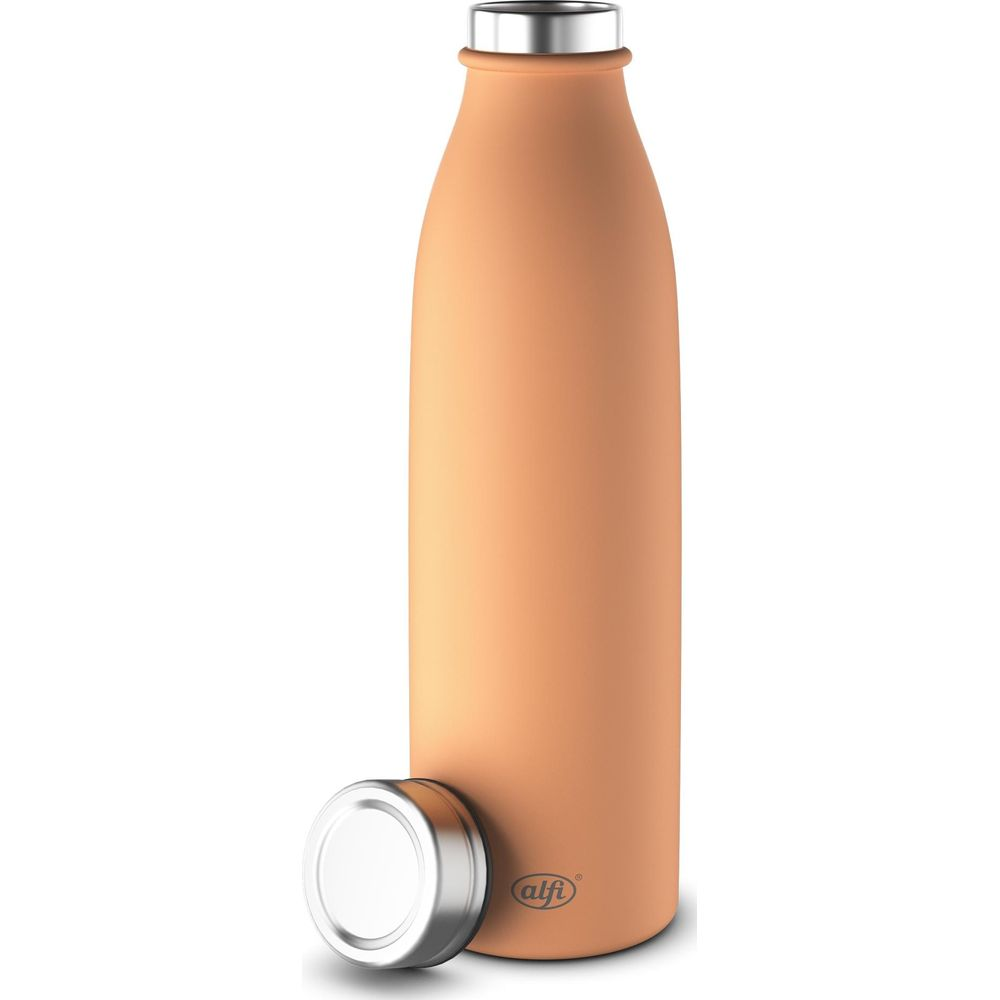 Eine orangefarbene Thermoskanne mit silbernem Deckel daneben.