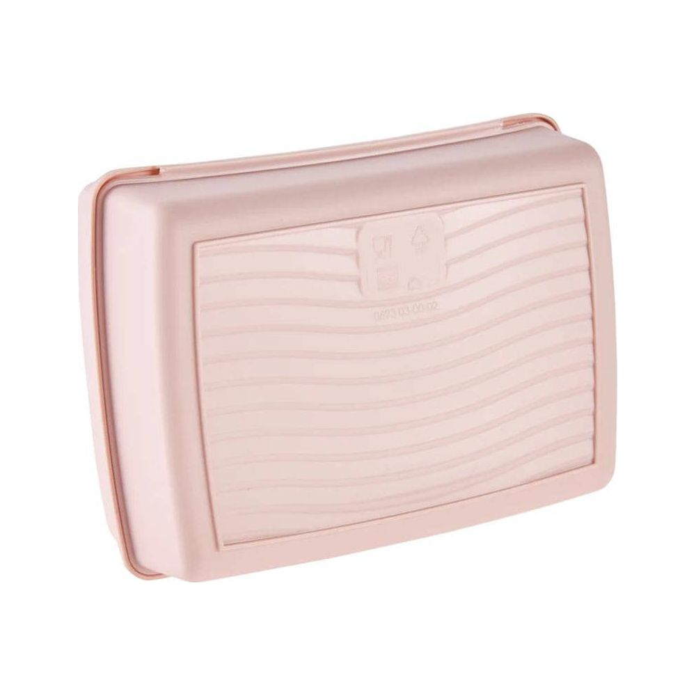 Ein pinker rechteckiger Plastikbehälter mit strukturierter Deckel und Symbolen.