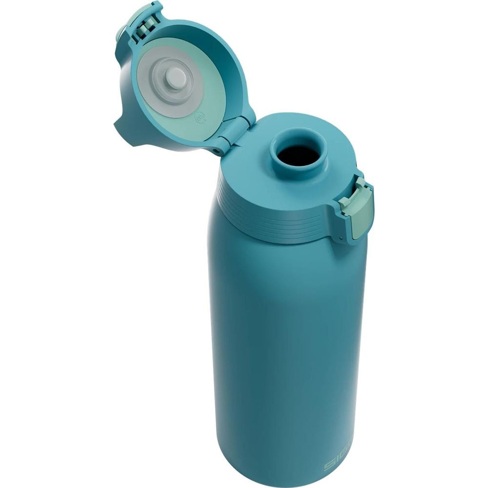 Eine türkisfarbene Wasserflasche mit offenem Deckel, Nahaufnahme.