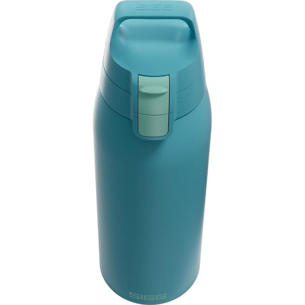 Eine türkisfarbene SIGG-Wasserflasche mit einem Griff und einem grünen Knopf.