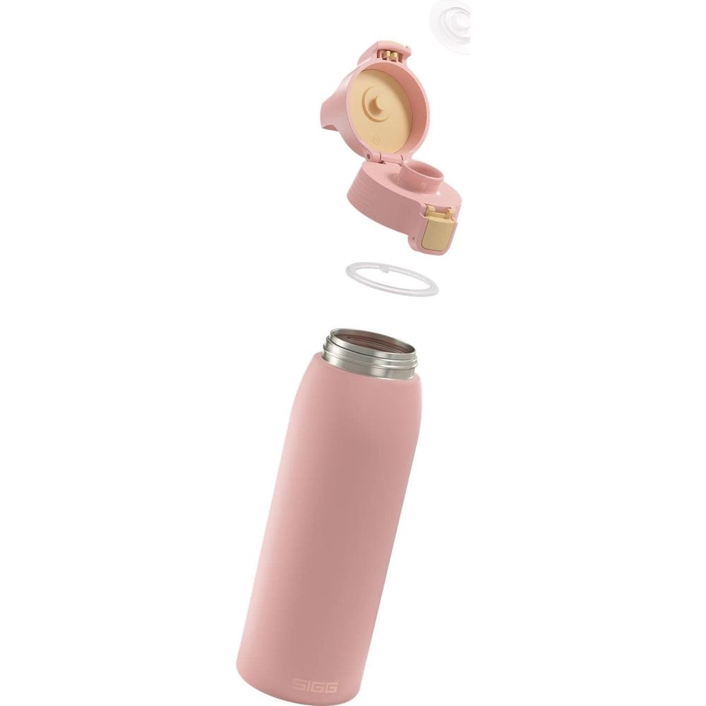 Eine rosa Trinkflasche mit offenem Deckel, Silikonring und Schraubverschluss.