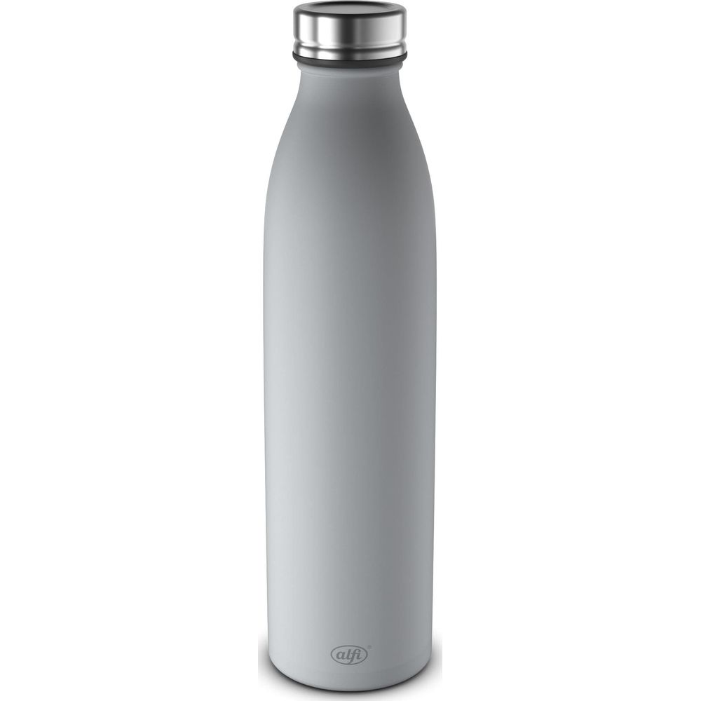 Eine graue Alfi-Flasche mit silbernem Verschluss.
