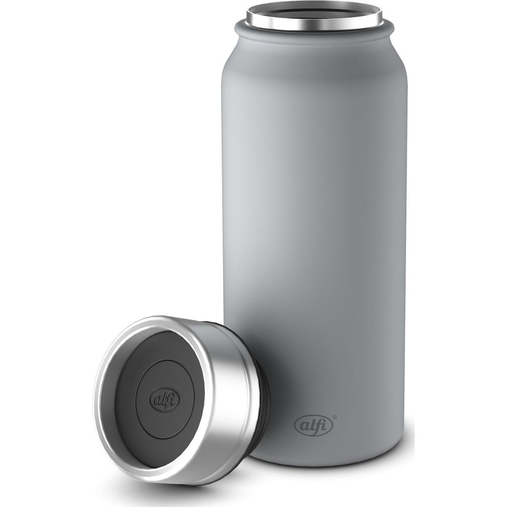 Graue Thermoskanne mit offenem Deckel daneben, beide mit Logo.