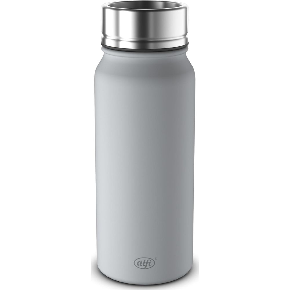 Eine graue Alfi-Flasche mit silbernem Deckel steht auf weißem Hintergrund.