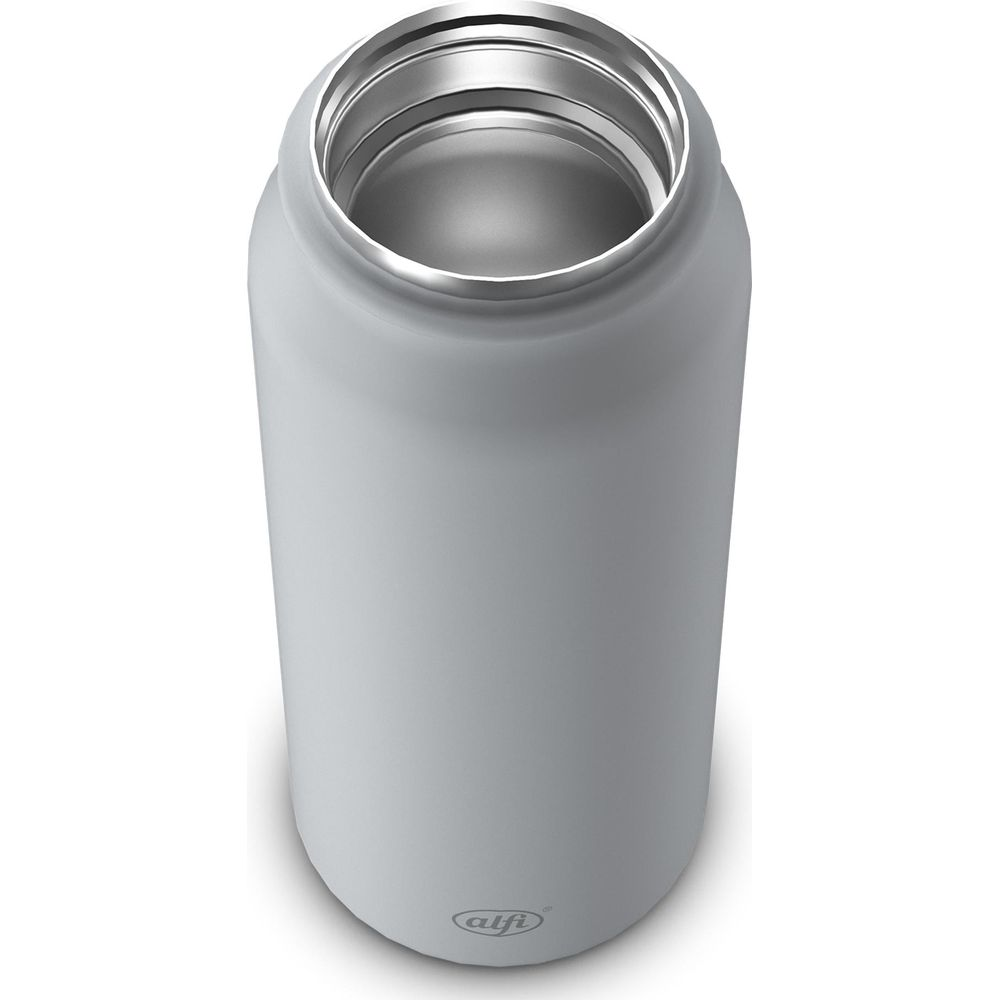 Eine graue Thermoskanne mit offenem Deckel und silbernem Rand.