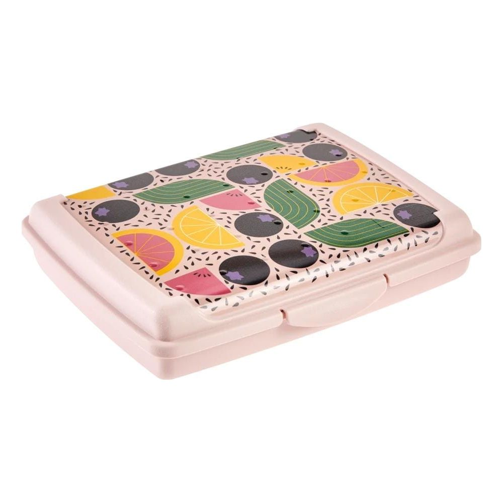 Eine geschlossene rosa Brotdose mit Deckel, verziert mit bunten Fruchtscheiben und Blaubeeren.