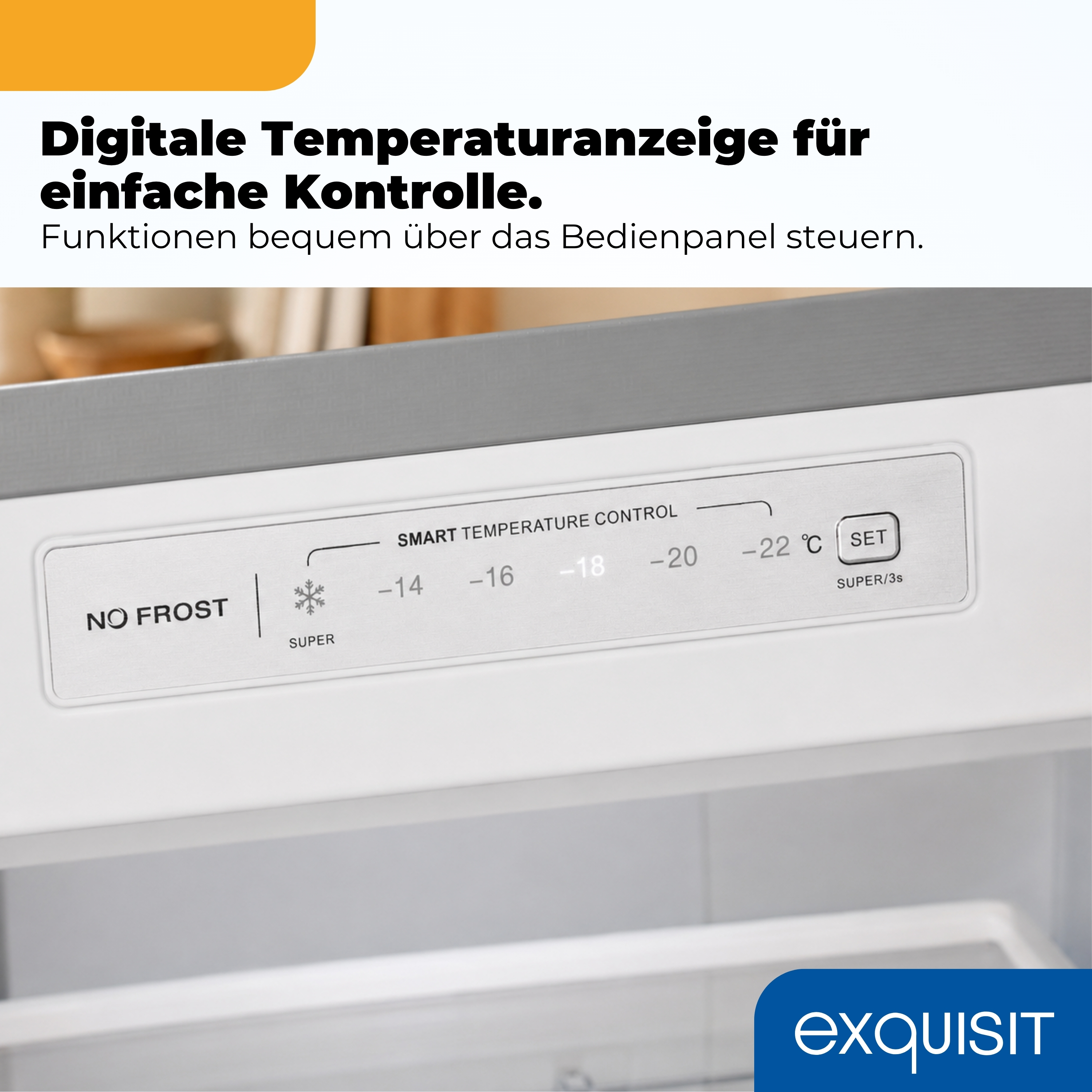 Bedienpanel eines Kühlschranks mit digitaler Temperaturanzeige und "No Frost"-Funktion.