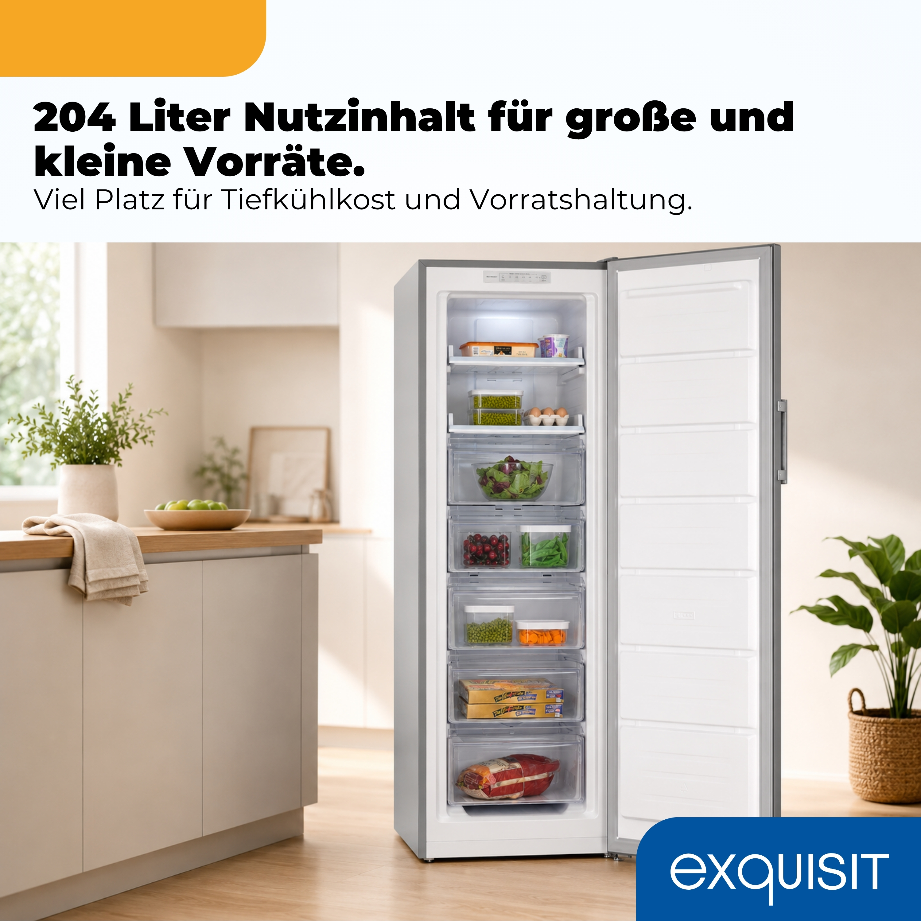 Ein offener Gefrierschrank mit Lebensmitteln und Schubladen.