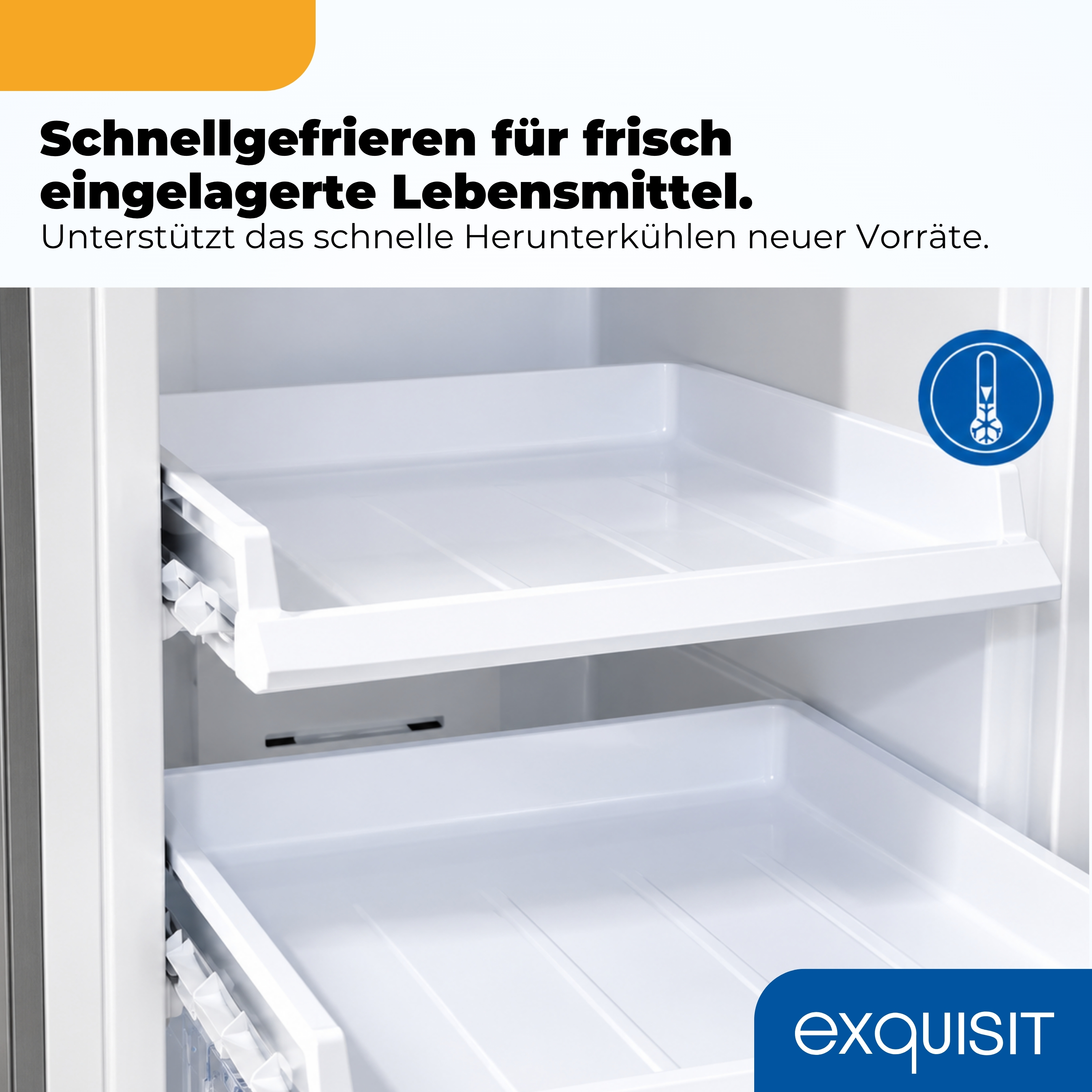 Innenansicht eines Kühlschranks mit zwei weißen Schubladen und einem Thermometersymbol.