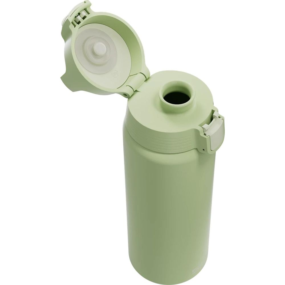 Eine hellgrüne Wasserflasche mit offenem Deckel. Der innere Mechanismus ist sichtbar.