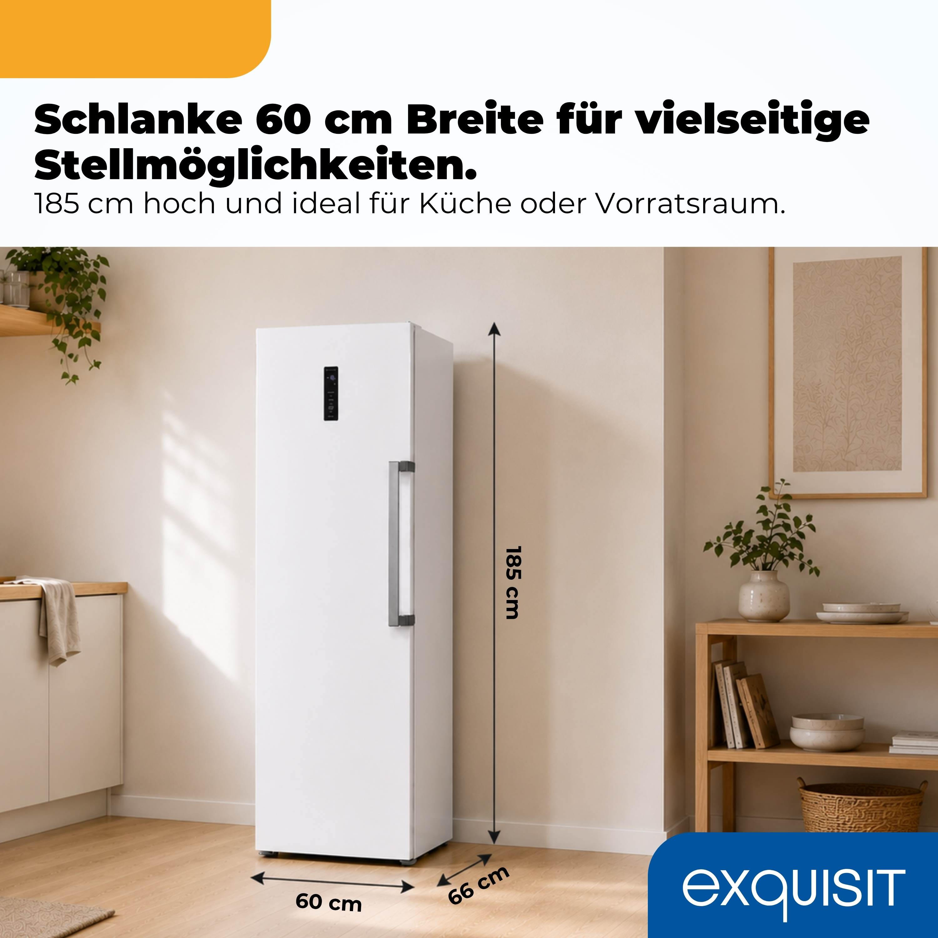 Ein schlanker weißer Kühlschrank, 185cm hoch, 60cm breit, in einem modernen Raum.
