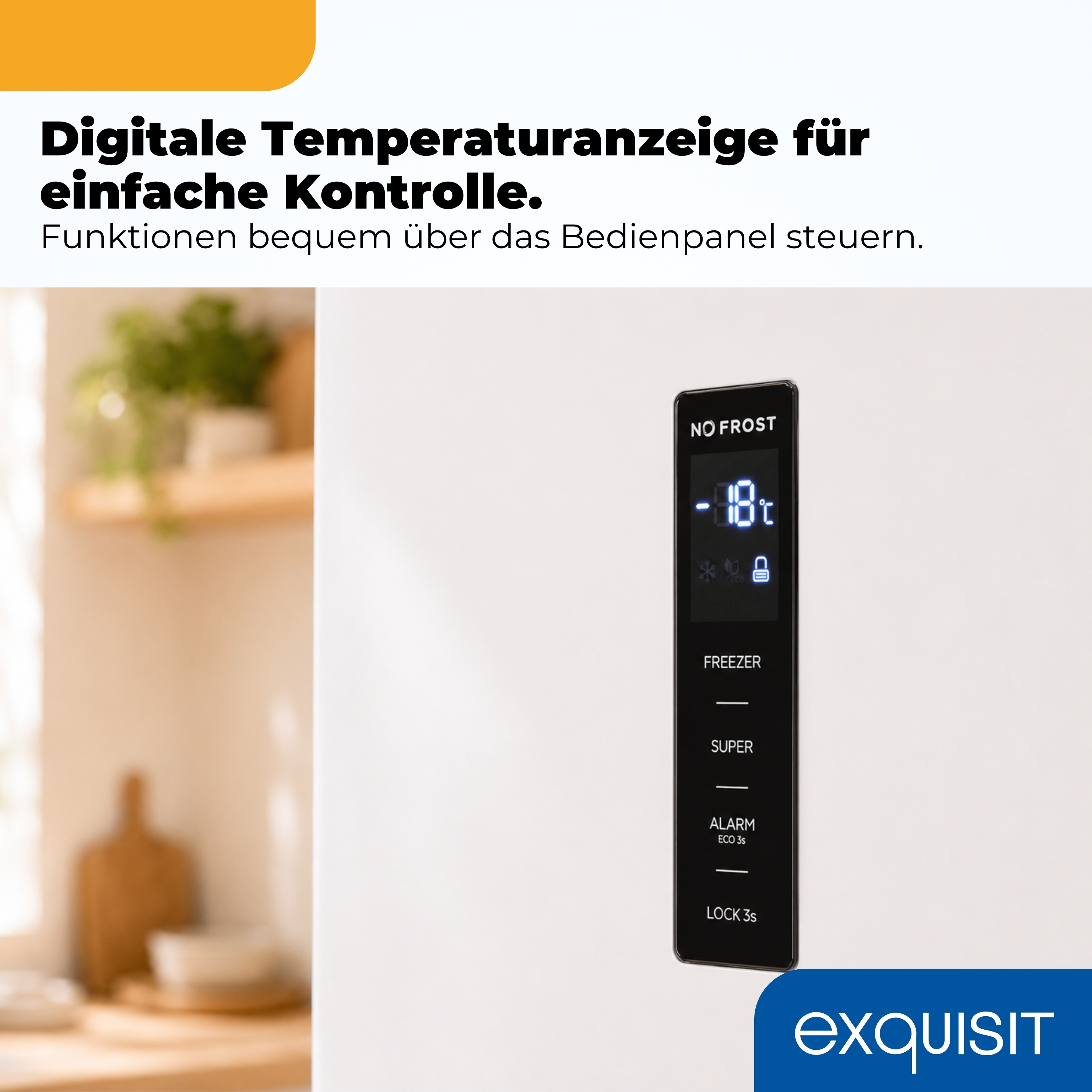 Digitaler Kühlschrank-Display mit -18°C und Funktionen.
