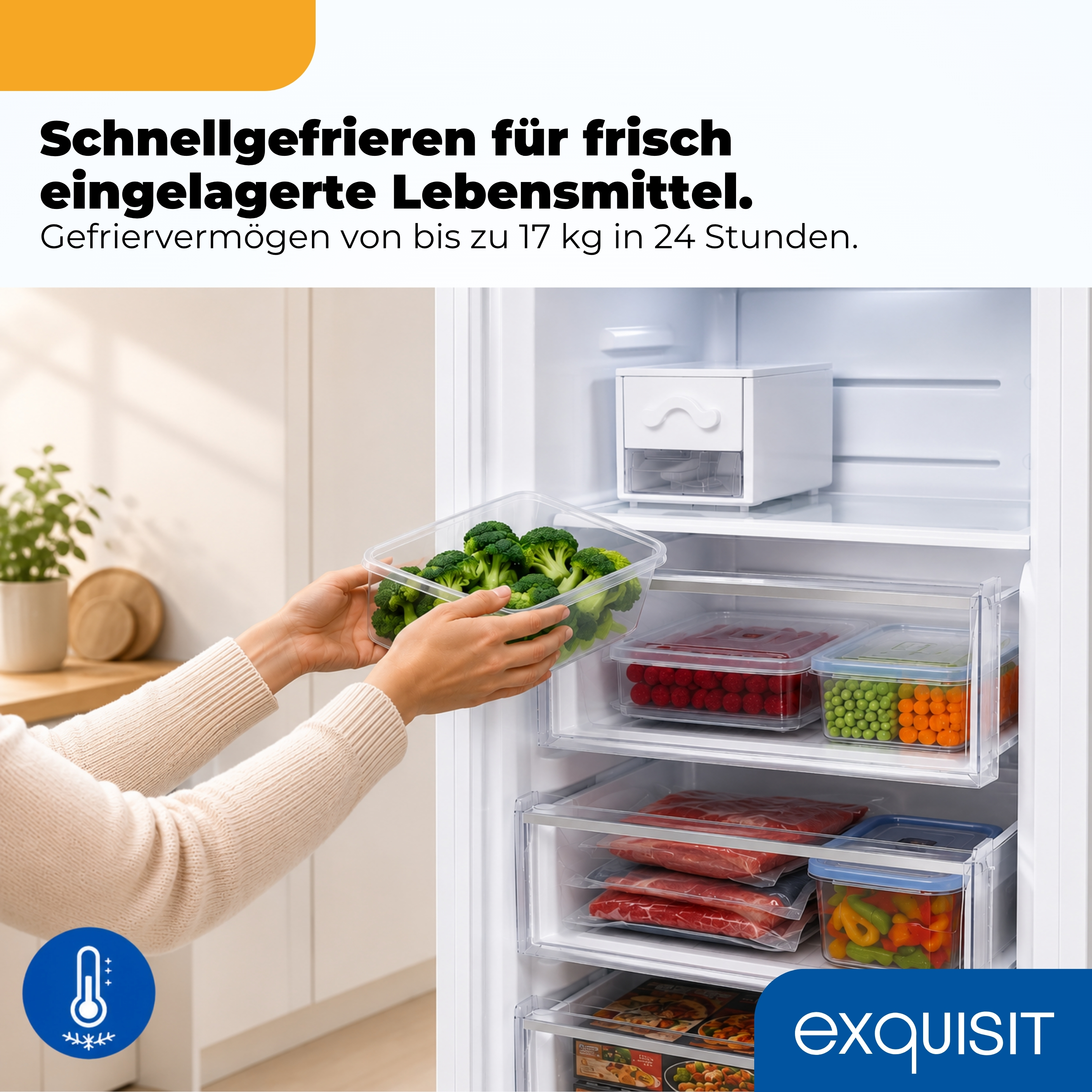 Person legt Brokkoli in den Gefrierschrank. Gefrierschrank ist gefüllt mit Lebensmitteln.