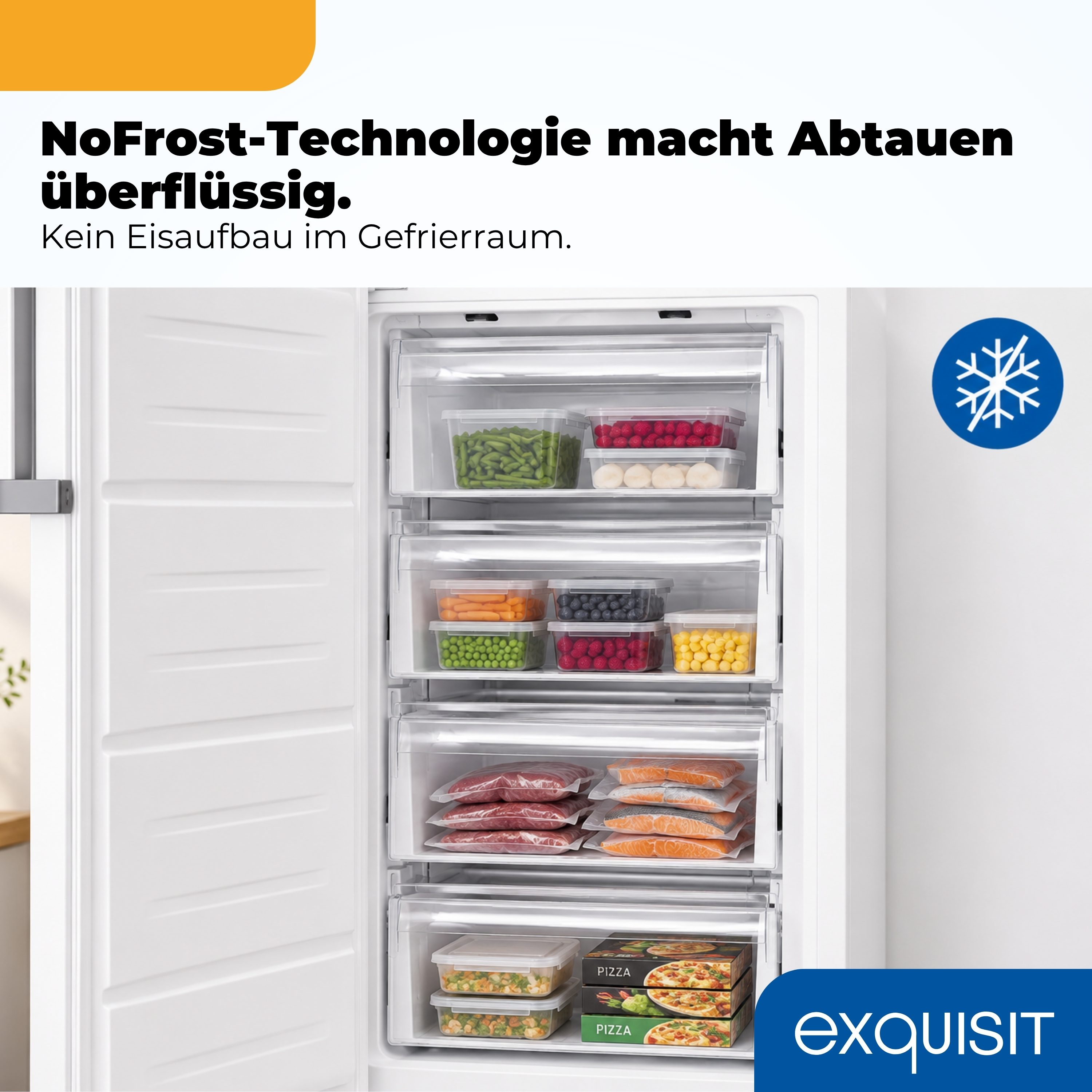 Ein offener Gefrierschrank mit mehreren Schubladen, gefüllt mit gefrorenem Obst, Gemüse und Pizza.