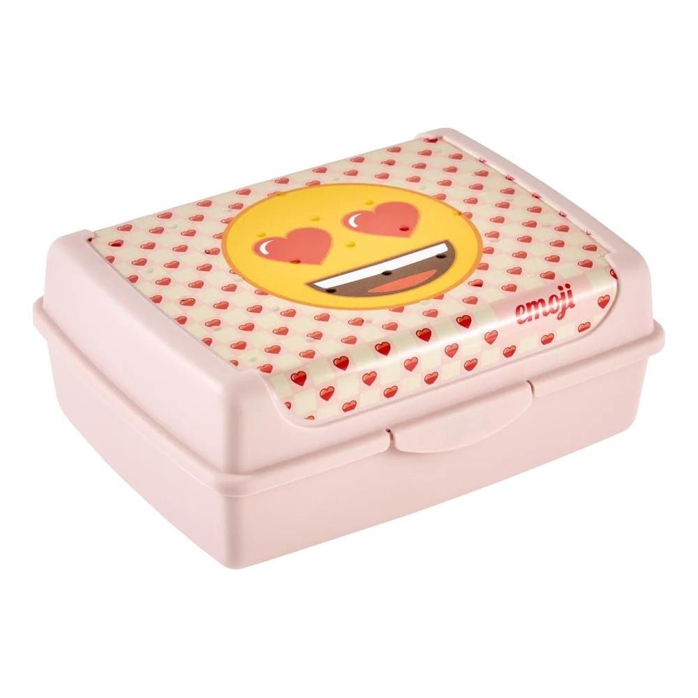 Eine rosa Brotdose mit einem Emoji-Gesicht und Herzen.