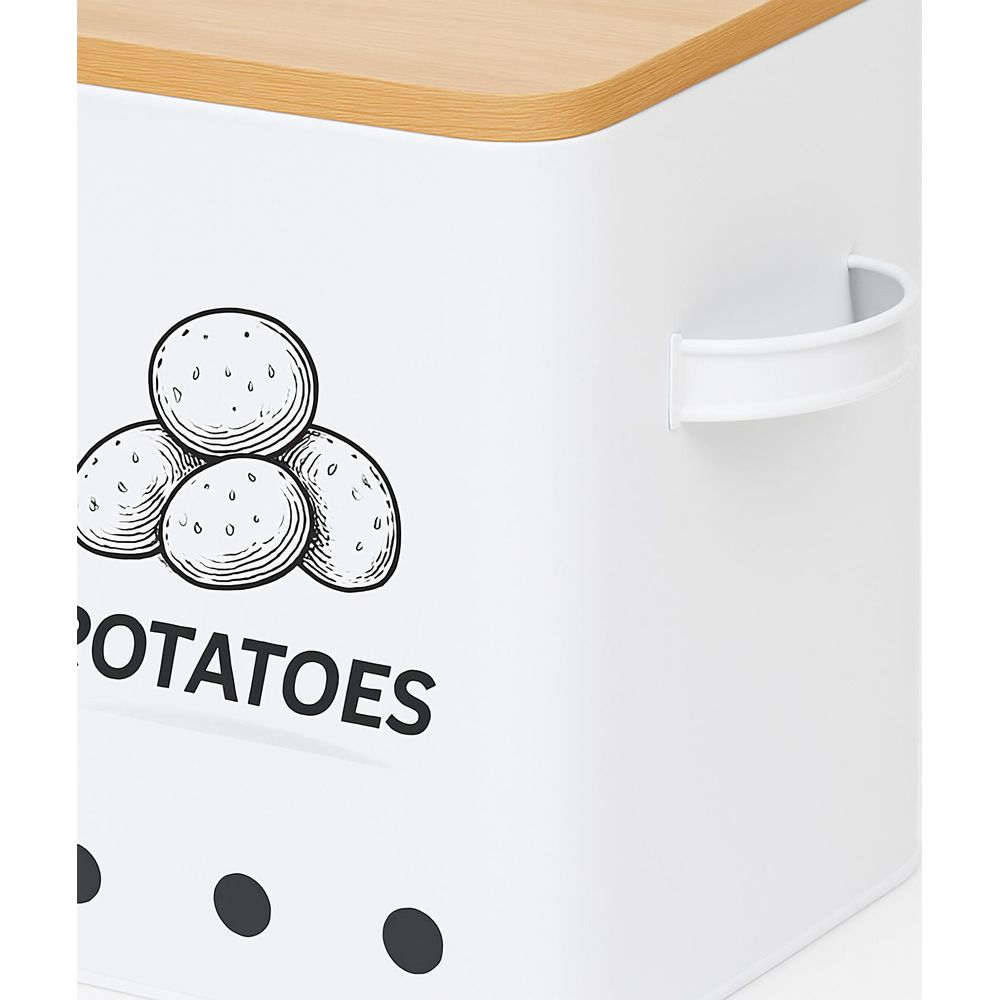 Weißer Behälter mit Holzdeckel, Kartoffelabbildung und Schriftzug POTATOES.