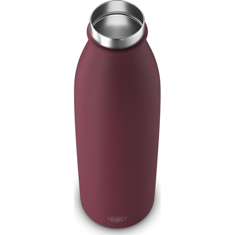 Eine weinrote Thermosflasche mit silbernem Rand und Logo.