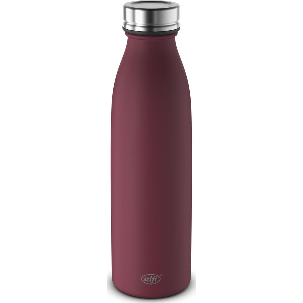 Eine mattrote Thermosflasche mit silbernem Deckel und Logo.