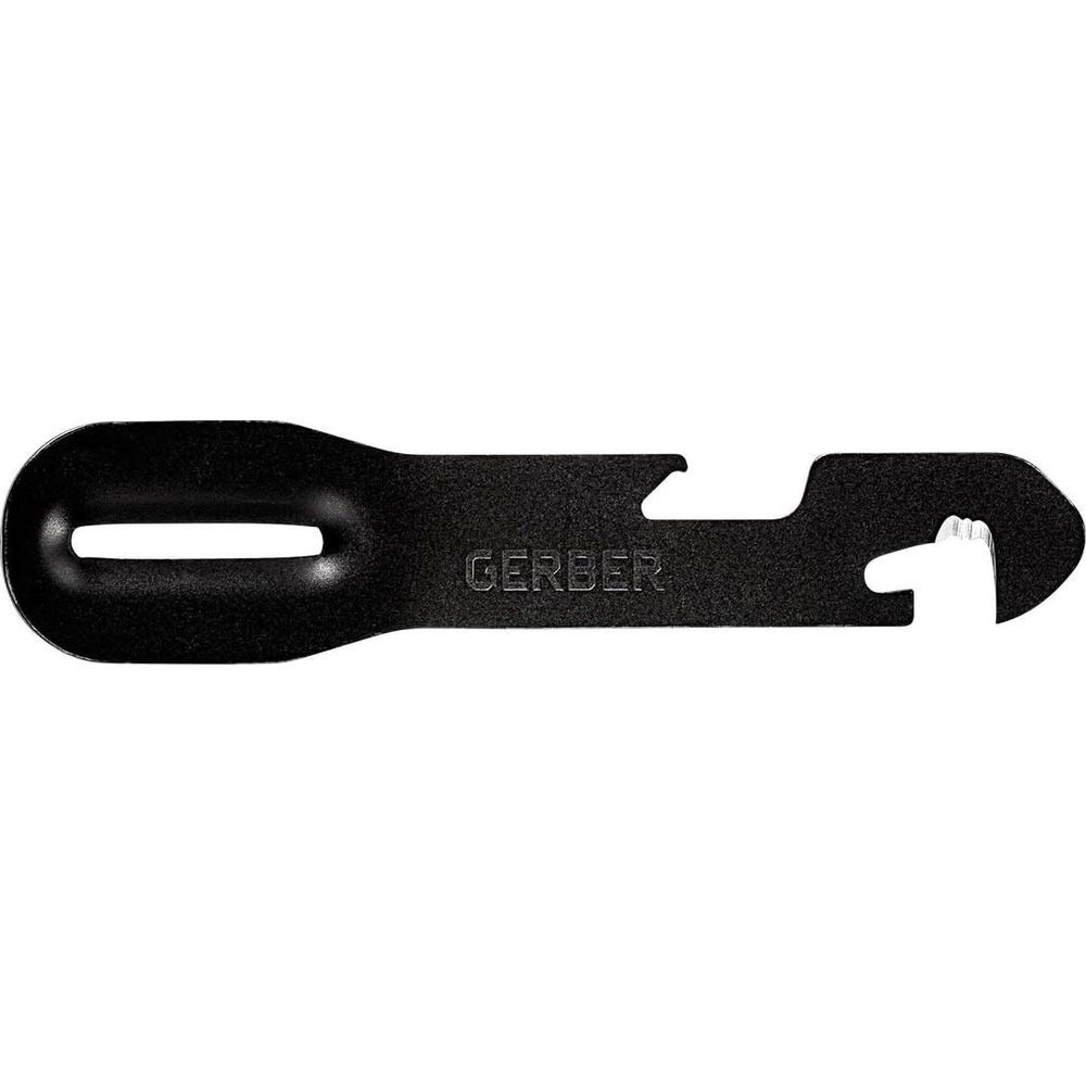 Ein schwarzes Gerber-Werkzeug mit einem Flaschenöffner und einem Schlitz.