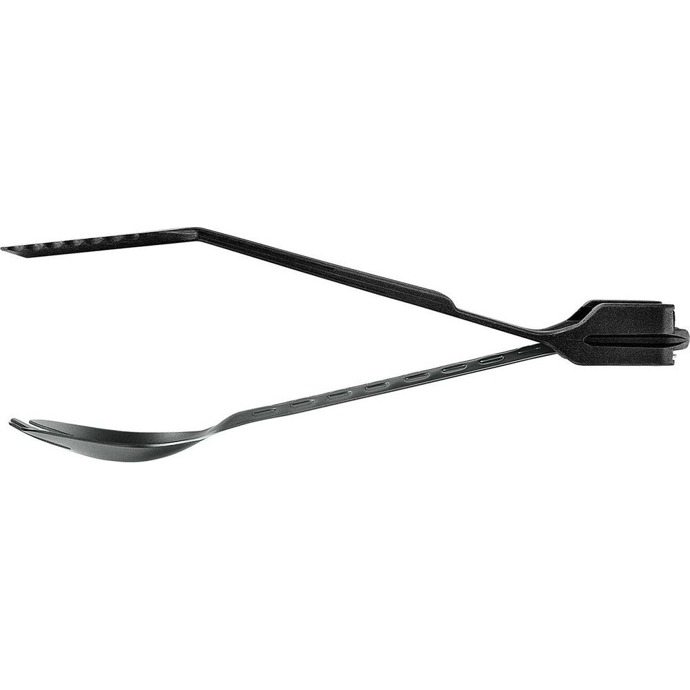 Schwarzes Essbesteck mit Löffel und Gabel, das sich in der Mitte kreuzt.