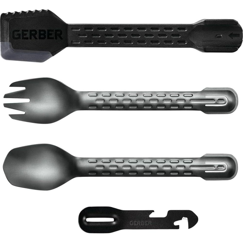Ein schwarzes Gerber-Besteckset mit Gabel, Löffel, Spork und Flaschenöffner.