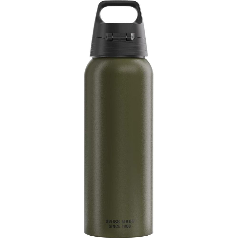 Eine dunkelgrüne Trinkflasche mit schwarzem Deckel und Henkel.