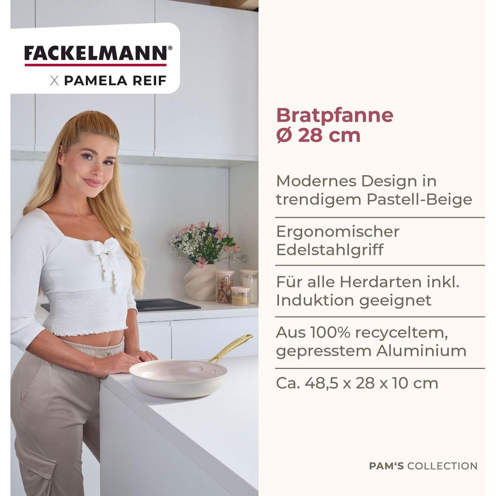 Frau im Küchendesign mit Pfanne, Fackelmann x Pamela Reif Logo.