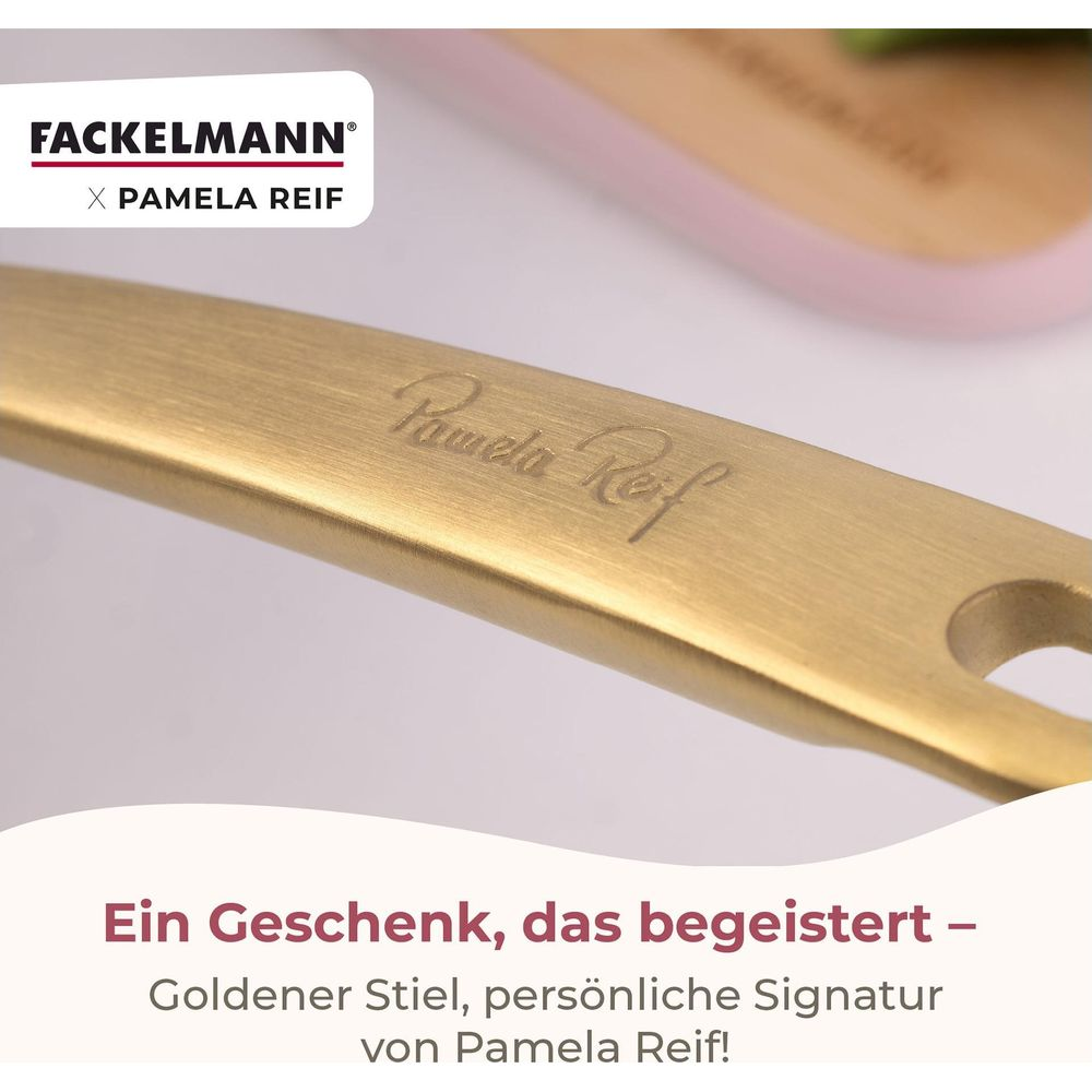 Goldener Griff mit Pamela Reifs Signatur, FACKELMANN Logo.