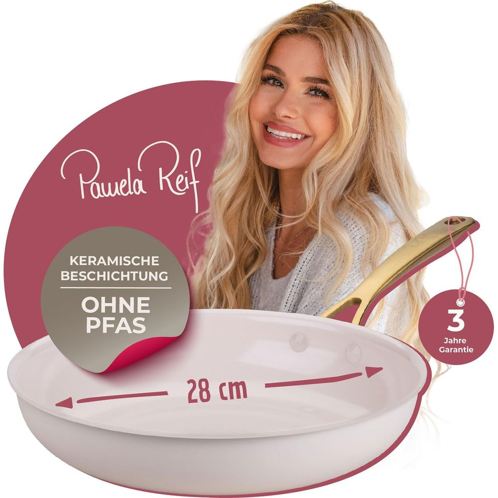 Pamela Reif mit 28cm Pfanne, Keramische Beschichtung, Ohne PFAS, 3 Jahre Garantie.