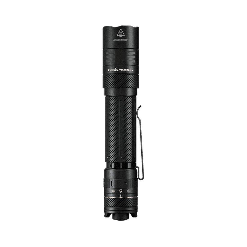 Torcia nera con impugnatura testurizzata e clip argentata. Modello Fenix PD45R.