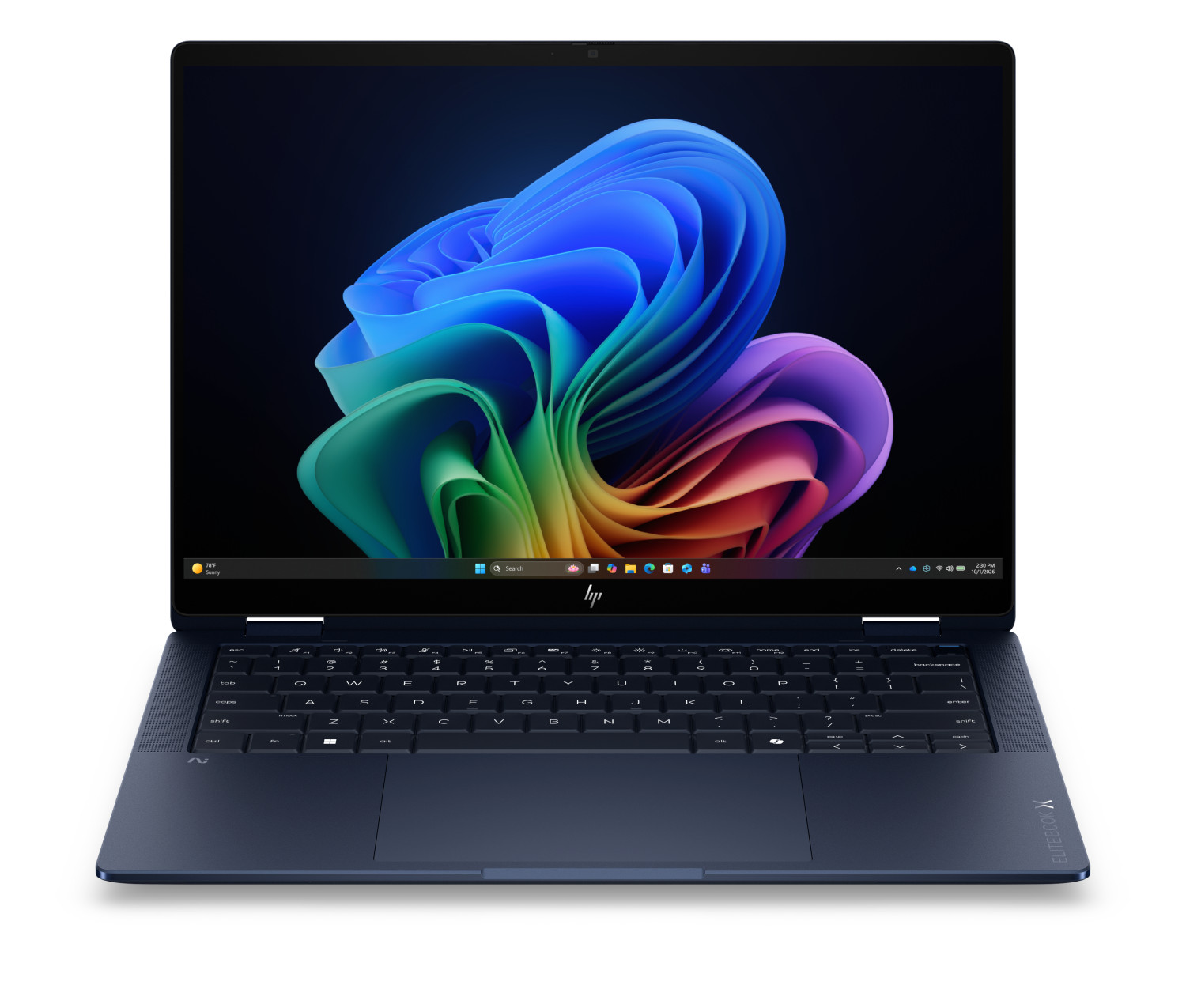 Un HP Elitebook X aperto, blu scuro, con uno sfondo colorato visualizzato sullo schermo.