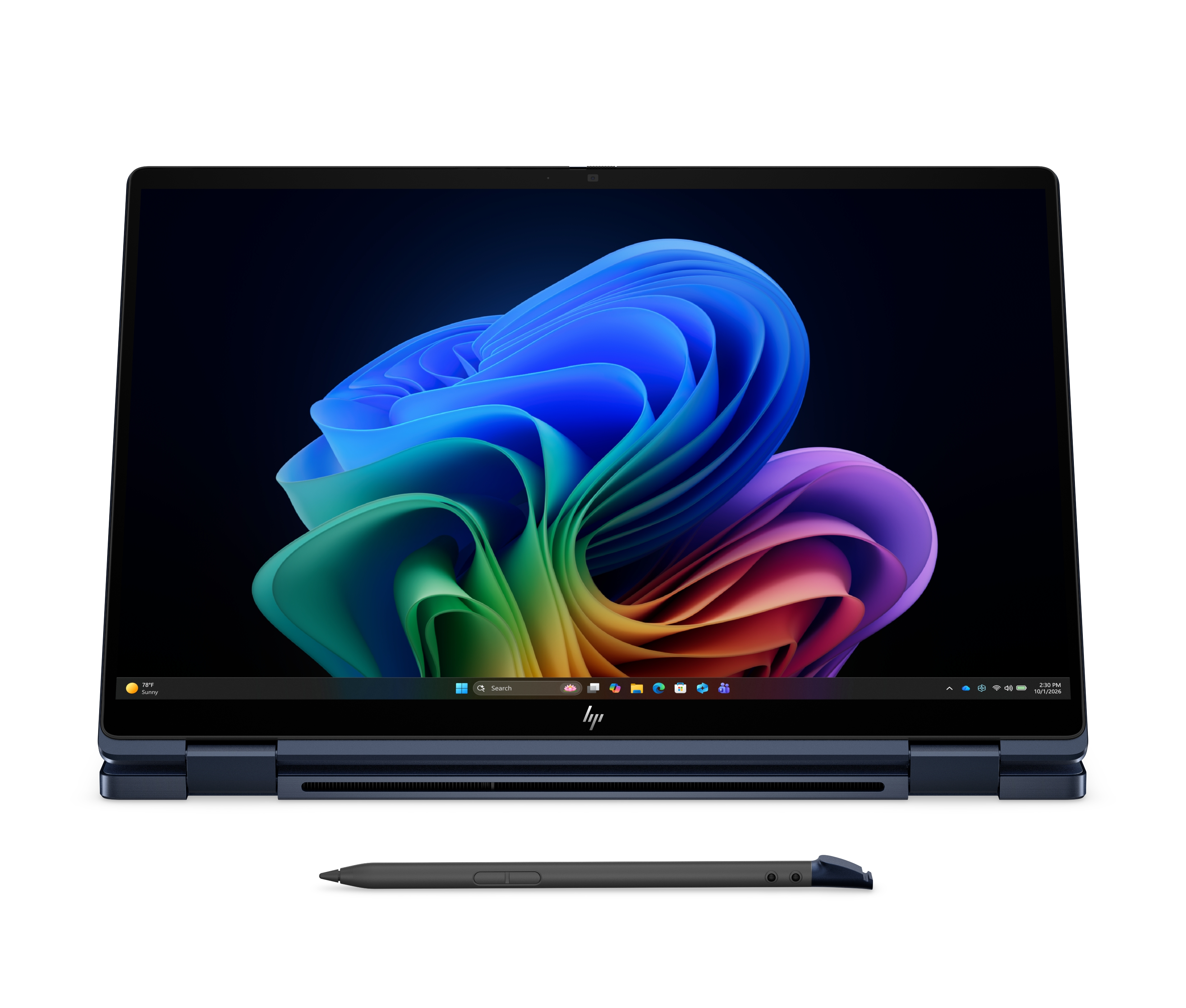 Un laptop blu scuro con stilo. Lo schermo mostra un motivo astratto e colorato.