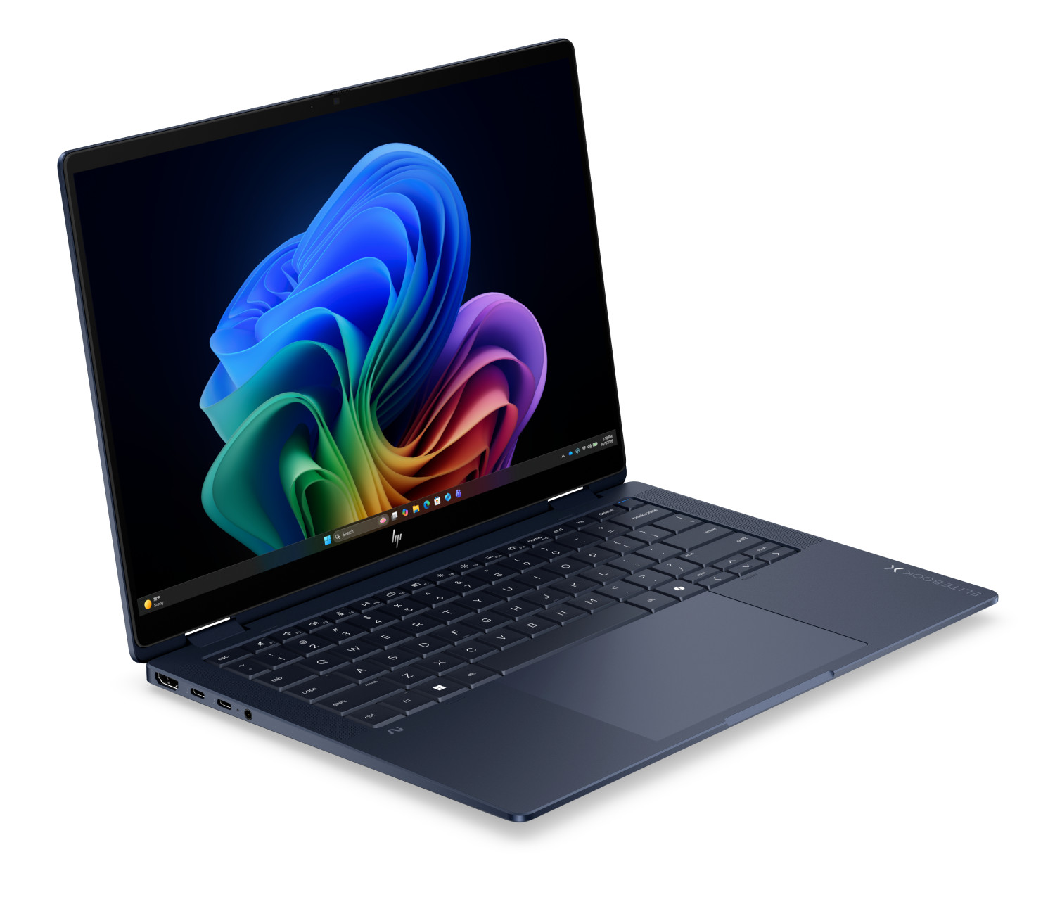 Un laptop HP Elitebook blu scuro con uno sfondo colorato sullo schermo.