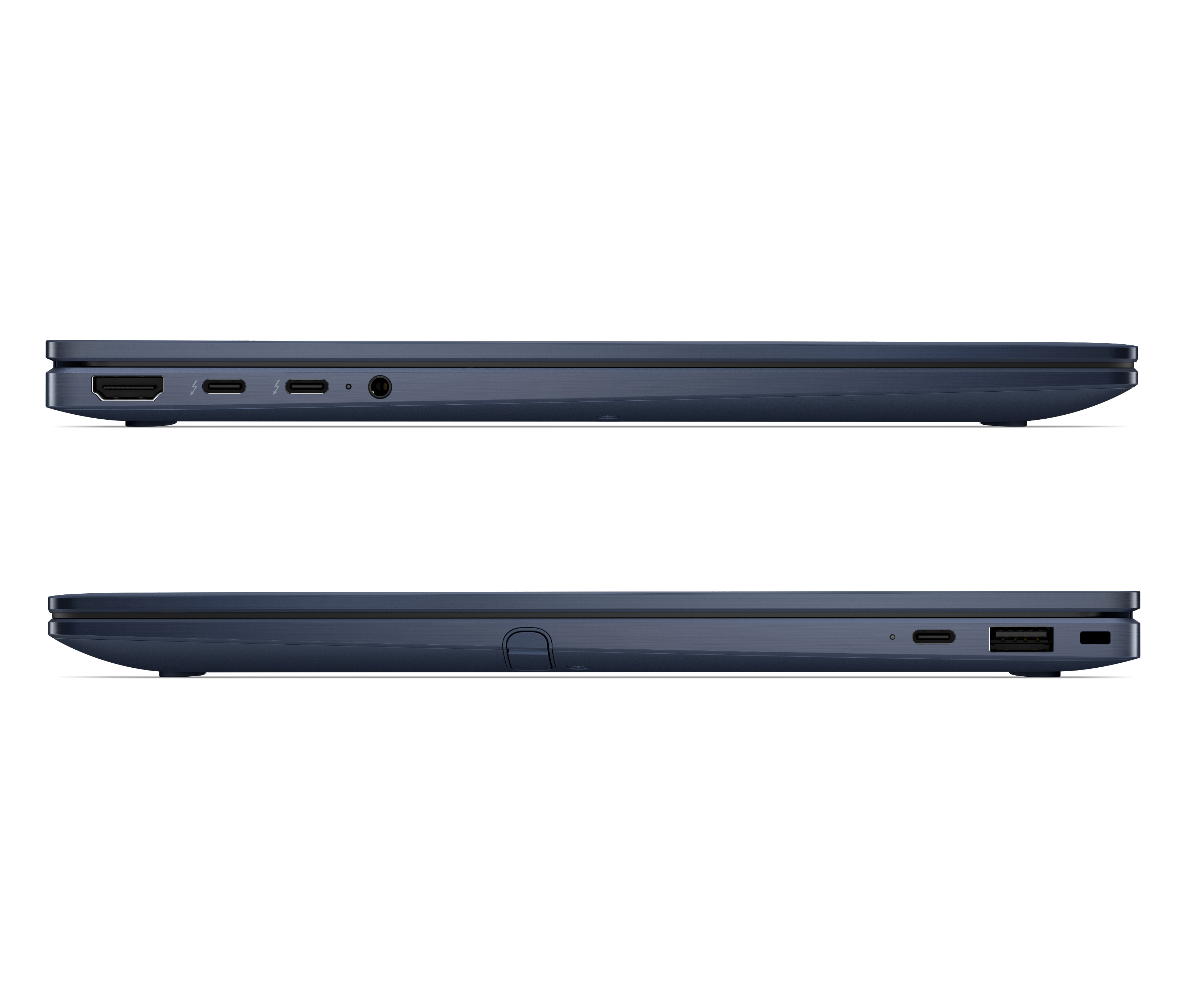 Laptop blu scuro con porte HDMI, USB-C e USB-A.