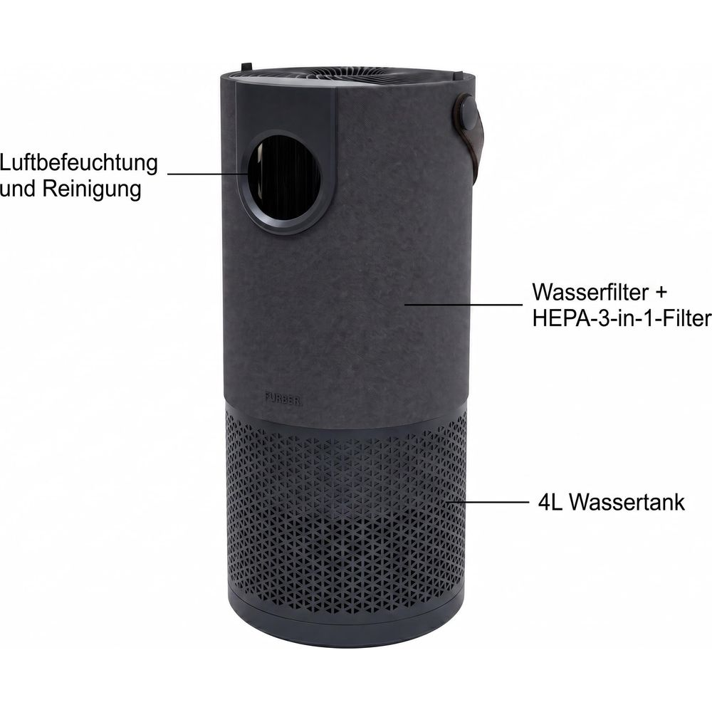 Purificatore d'aria grigio scuro etichettato per umidificazione, filtro acqua e serbatoio.