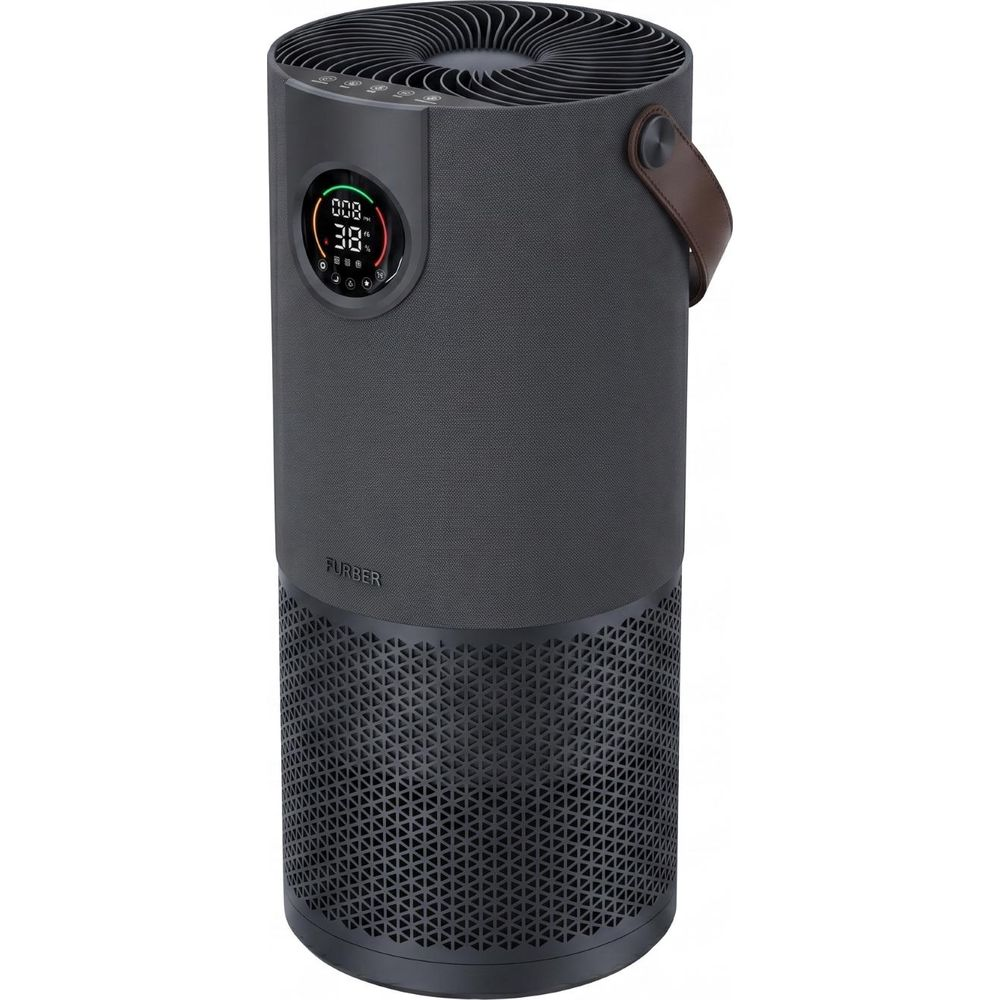 Purificatore d'aria grigio scuro con display digitale e manico in pelle marrone.
