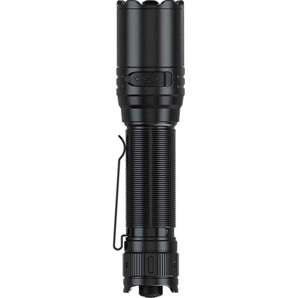 Eine schwarze Taschenlampe mit geripptem Griff und einem Clip.