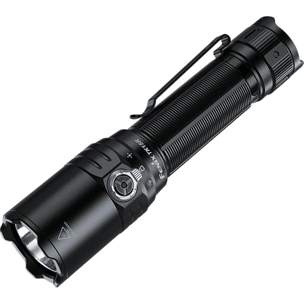 Eine schwarze Fenix TK15R Taschenlampe mit gerändeltem Griff und einem Clip.
