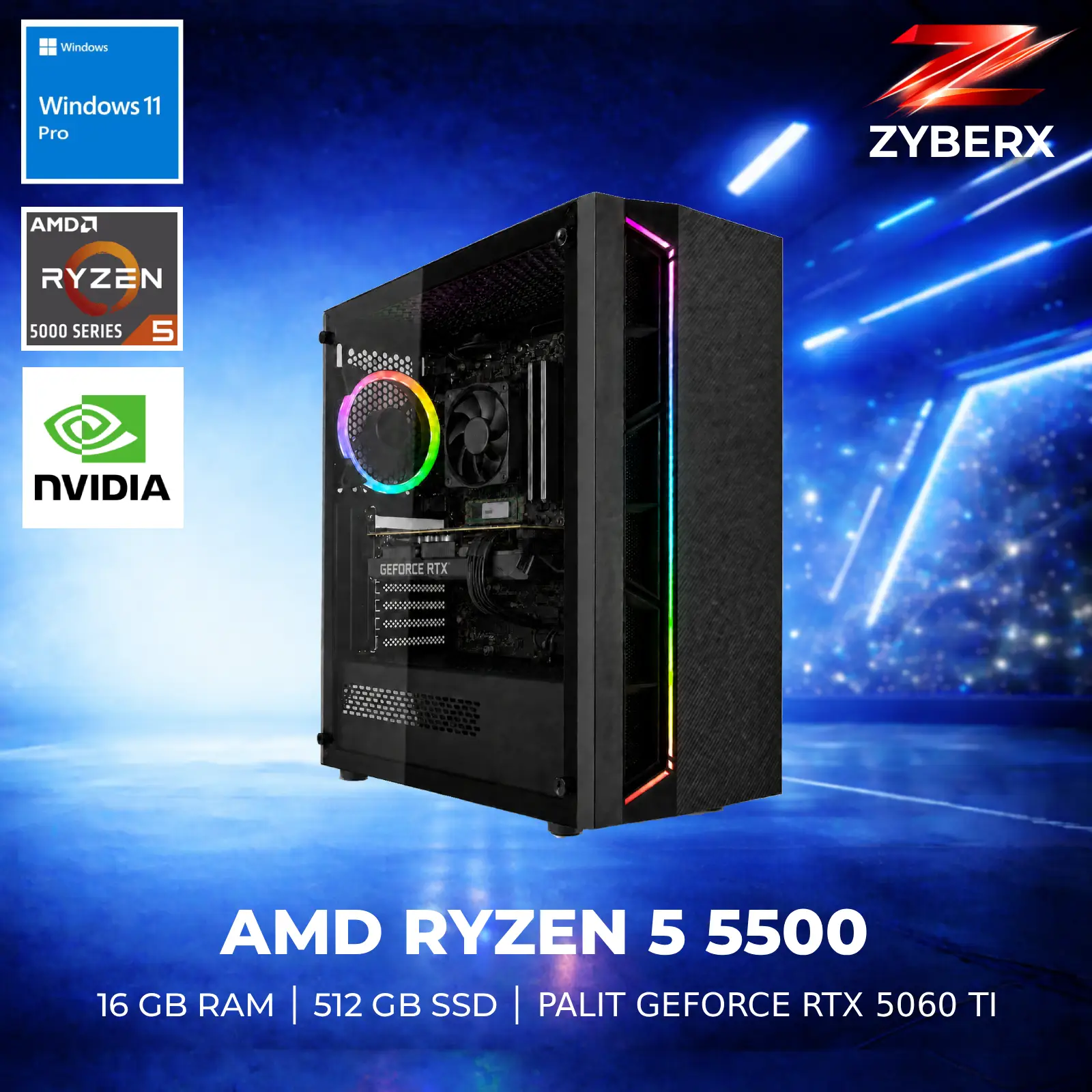 Ein Gaming-PC mit RGB-Lüfter, Ryzen 5 5500, 16 GB RAM, 512 GB SSD, RTX 5060 Ti.