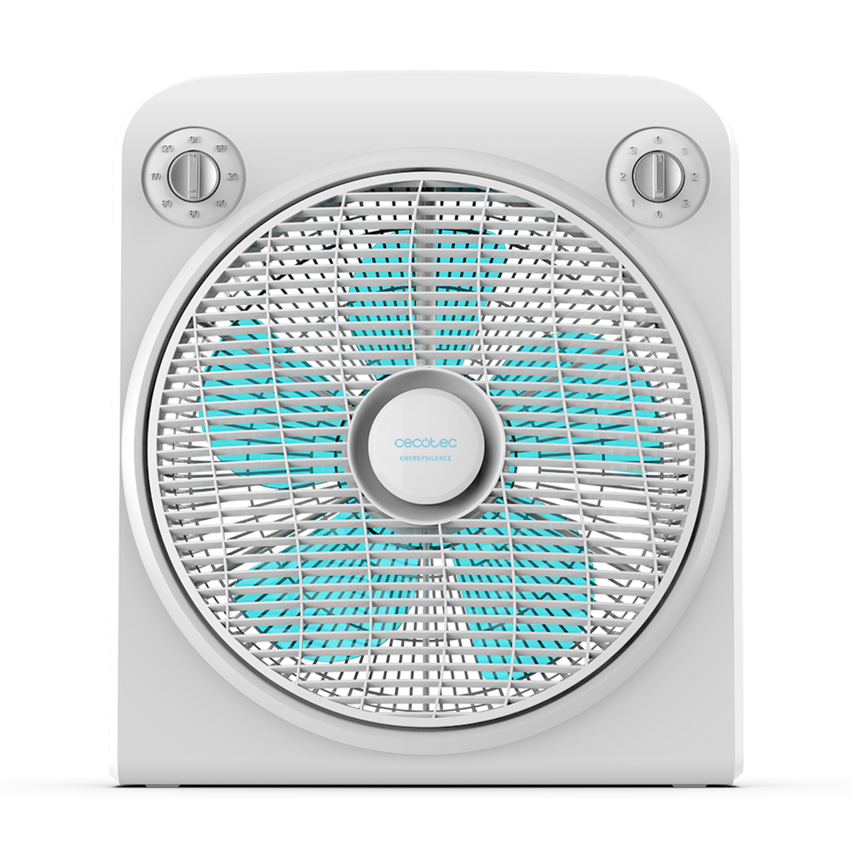 Ein weißer Ventilator mit blauen Rotorblättern und Drehreglern für die Geschwindigkeit.