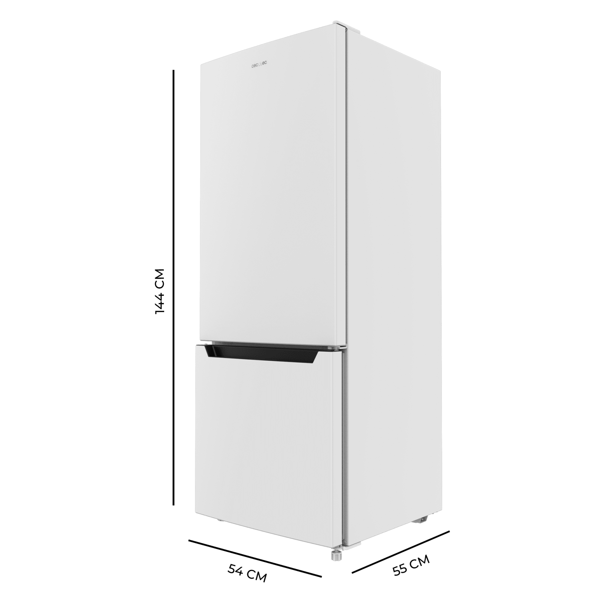 Un frigorifero bianco a due porte, alto 144 cm, largo 54 cm, profondo 55 cm.