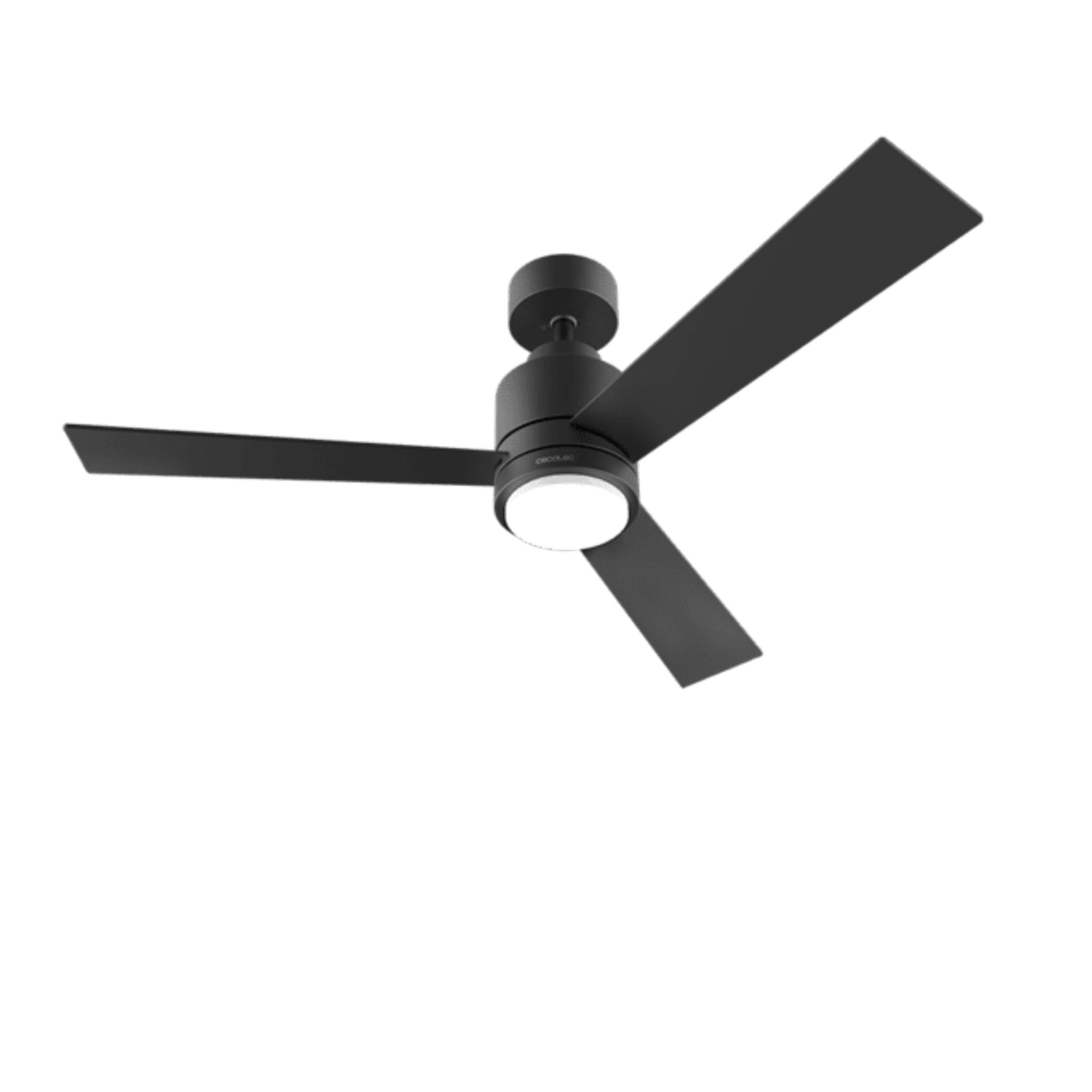 Ventilatore da soffitto nero con tre pale e luce integrata.