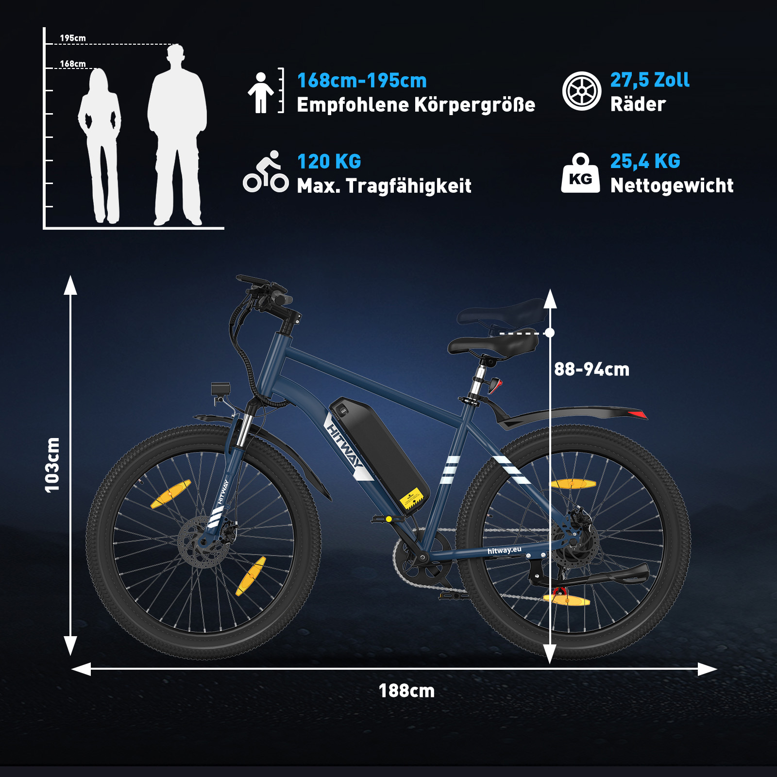 Ein blaues E-Bike mit Spezifikationen: 103cm Höhe, 188cm Länge, 88-94cm Sattelhöhe.