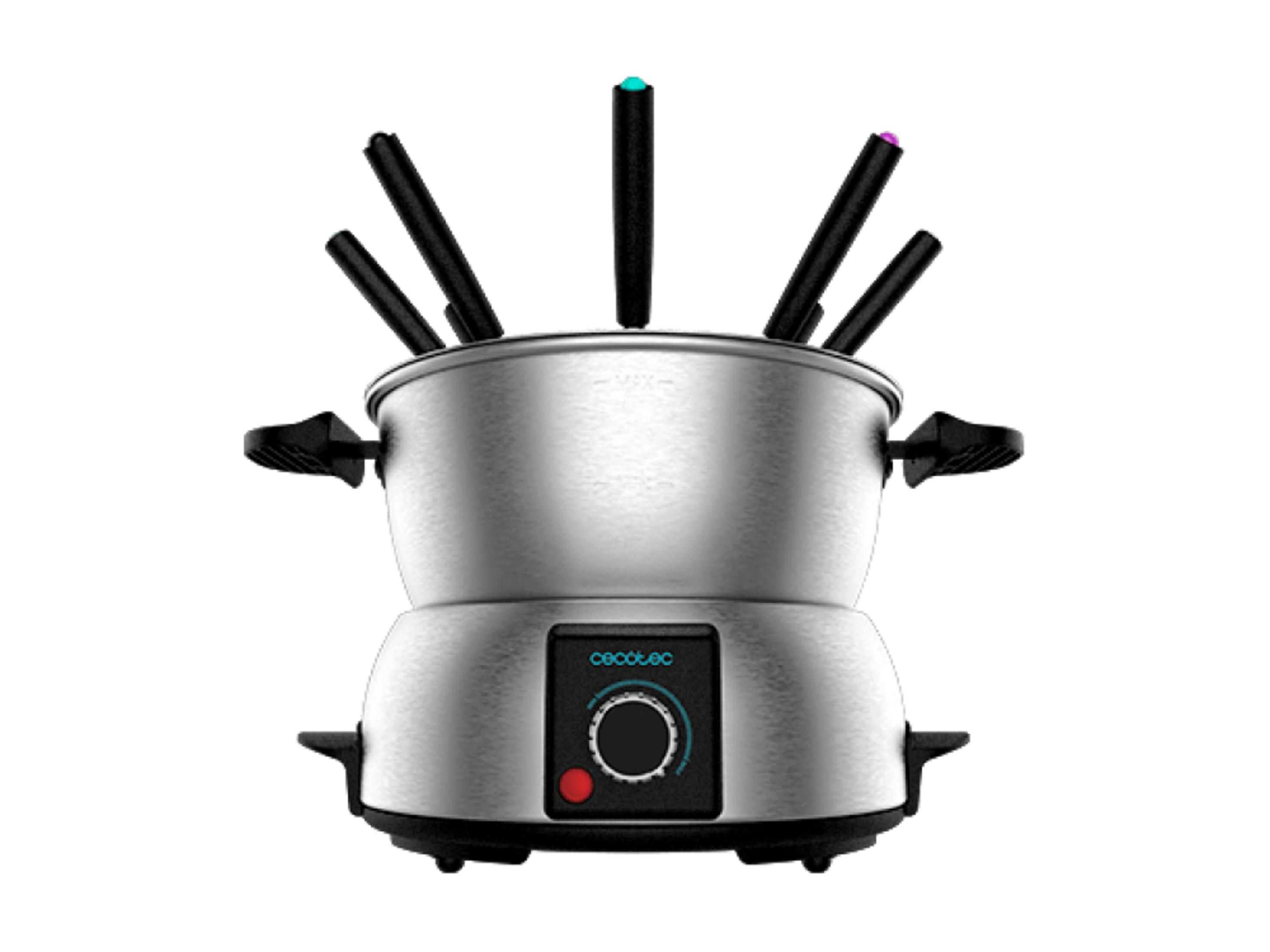 Ein silberner Fondue-Topf mit sechs schwarzen Fondue-Gabeln mit farbigen Spitzen.