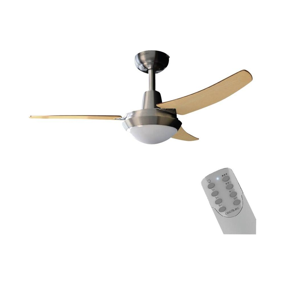 Ein Deckenventilator mit drei Holzblättern und Fernbedienung.