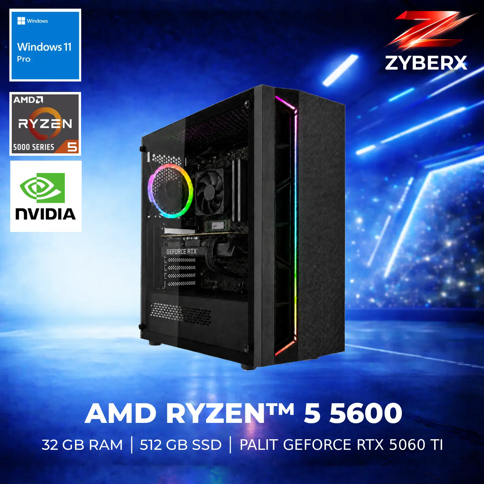 Ein schwarzer PC-Tower mit RGB-Beleuchtung, AMD Ryzen und Nvidia Logos. Specs: 32GB RAM, 512GB SSD.