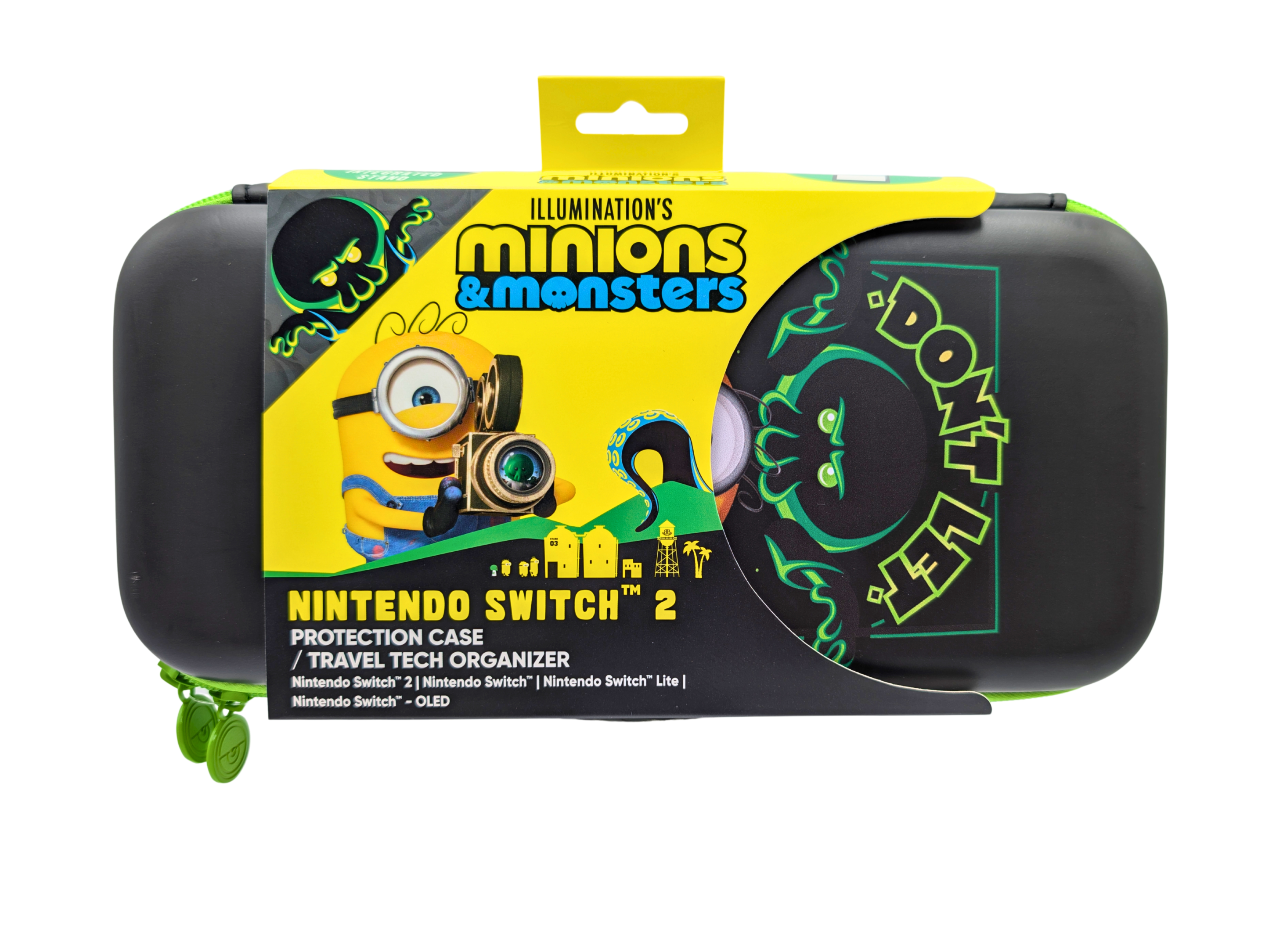 Funda negra para Nintendo Switch con gráfico de Minions y cremalleras verdes.