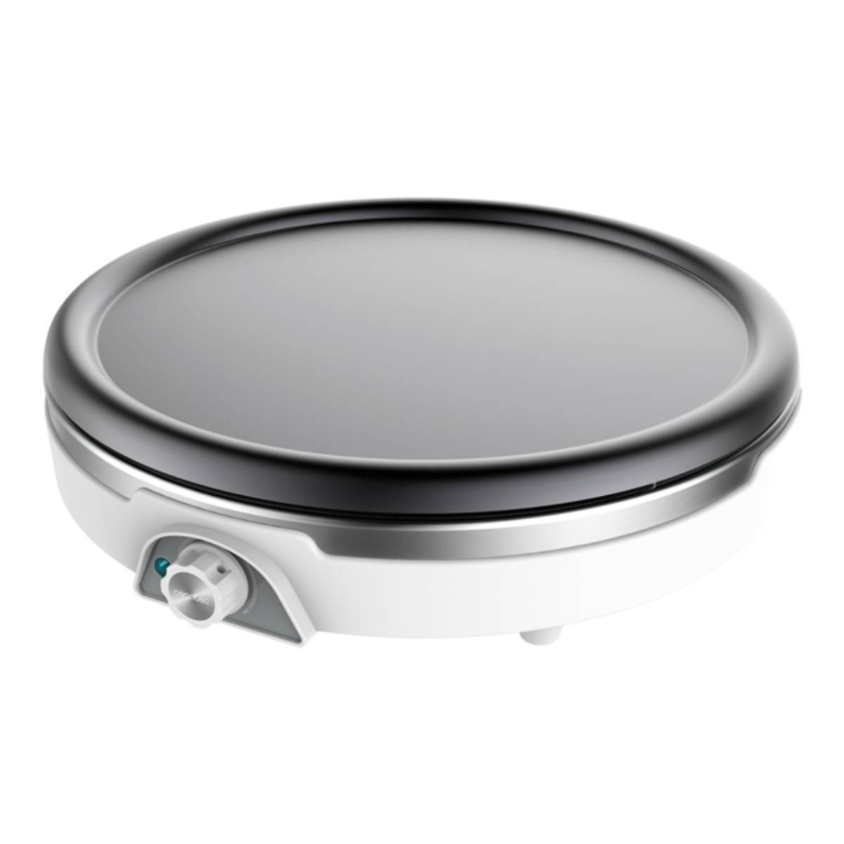 Electric crepe maker with white base and black rim.